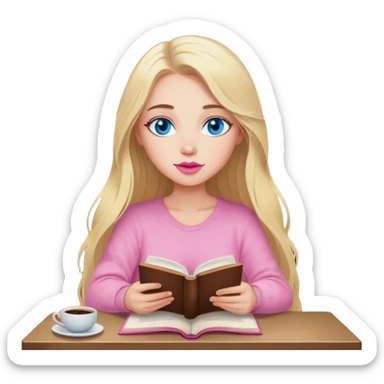 Cinematic realistic blonde with long hair, blue eyes, pink lips, sitting in a cozy atmosphere, reading a book, coffee is on the table next to her sticker