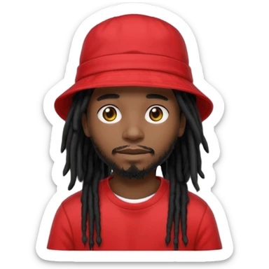 dark brown skin, black hair dreadlocks, wear red t-shirt, black bucket hat sticker