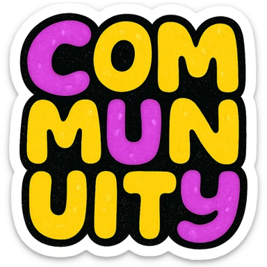 The word 'Community' in a square, playful rounded font, in purple and yellow colors, friendly style, suitable for a sticker or app icon, vibrant and pop colors icon style. sticker