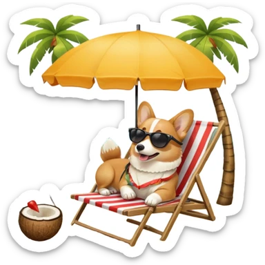 a corgi dog laied on a beach chair, a sunny beach, a sun umbrella, and beach coconut trees. the icon should capture the essence of a relaxing beach vacation with a carefree atmosphere sticker