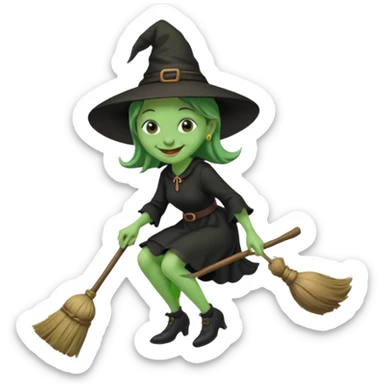 Traditional old witch, green skin, big nose, black dress, riding a broom emoji sticker
