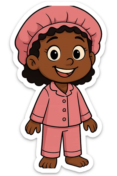 cartoon style smiling black girl in pink pajamas and a pink satin bonnet, no background sticker