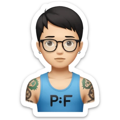 A young boy with A macbook laptop, black straight short hair, wearing glasses, wearing a tanktop, has tattoos, he is asian

Add the letters "P I F" floating around sticker