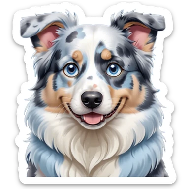 Cinematic Comical Blue Merle and White Australian Shepherd Portrait Emoji, Head tilted dramatically with an exaggeratedly shocked or offended expression, short blue merle fur with striking white patches, wide, expressive blue eyes filled with exaggerated disbelief, Simplified yet hilariously expressive features, highly detailed, glowing with a slightly sassy glow, high shine, dramatic yet playful, stylized with an air of attitude, bright and endearing, soft glowing outline, capturing the essence of a sassy and over-the-top pup, so meme-worthy it feels like it could side-eye its way into internet fame instantly! sticker