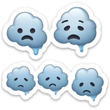 Minimalist depression-themed emoji set with a sad face, rain cloud, broken heart, teardrop, and neutral face with thought bubble in muted gray and blue tones on white. sticker