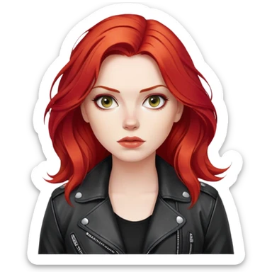 A close-up portrait of a woman with bright red hair styled in loose waves. She is wearing a black leather jacket, with a rebellious, confident expression and a dark urban backdrop sticker