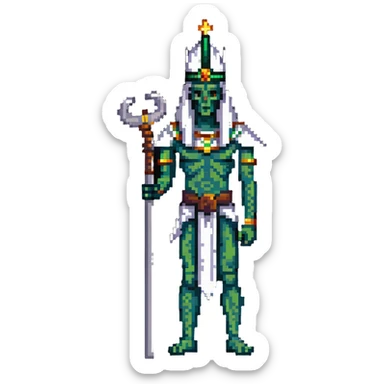 Egyptian god Osiris with green skin, mummified body, white Atef crown with feathers, holding crook and flail sticker
