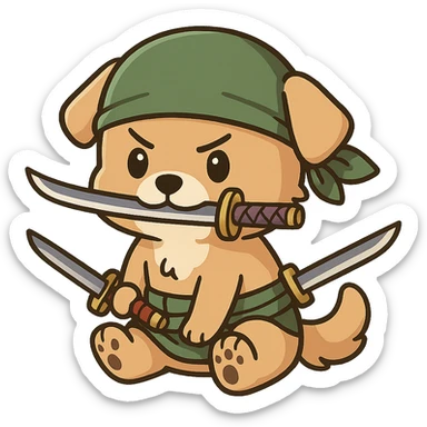 chibi dog as Zoro, green bandana, three swords, sitting, determined expression sticker