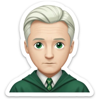 50-year-old Draco Malfoy, confident expression, silver hair, Slytherin colors sticker