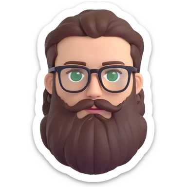 white male mid 30s green eyes black square glasses long brown beard with short brown hair sticker