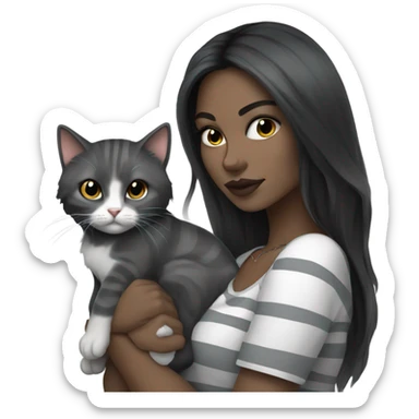 Beautiful dark haired tattooed woman holding gray and white stripe long haired cat sticker