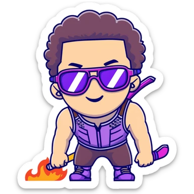 close-up of cool guy male athlete with white skin and moderately curly dark brown hair on top with shaved sides, with one purple ski goggle lens pushed up above his eyes on his forehead, sticking his tongue out of his mouth, a simple plain black chain necklace, and a completely unzipped sleeveless vest with purple and black sequin fire pattern design with no logo sticker