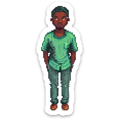 pixel emoji black man, pixel art style, black skin tone, pixelated, 8-bit, wearing a green shirt sticker