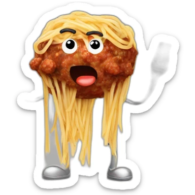 Spaghetti and meatballs with a face, arms and legs, doing something random sticker