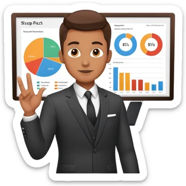 Cool guy in suit presenting a startup pitch deck with charts and graphs sticker