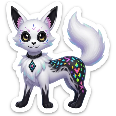 Rare neon iridescent white exotic cute epic aesthetic gothic colorful Salandit-Eevee-Civet-species-Fakemon-hybrid-creature, with a collar, and with intricate tribal markings, full body sticker