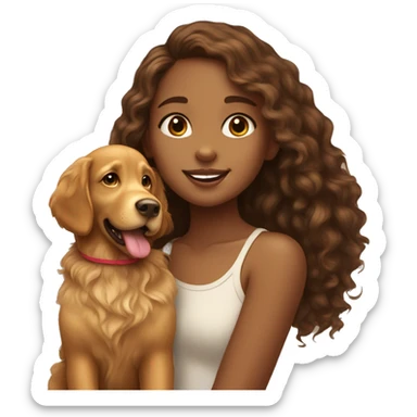 Tan skinned girl with  long brown curly hair with a golden retriever puppy sticker