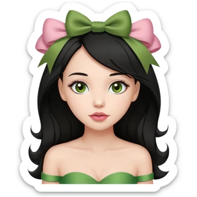 The woman has long black hair with green ribbon bows, light brown eyes, fair skin, and a heart-shaped face. She wears soft makeup, a muted rose lip, and a strapless olive green top. sticker
