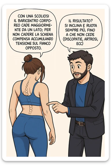 fai questa immagine in versione manga/webtoon a colori, il manga mostra la donna di spalle, mentre l'uomo le tocca la spina dorsale per spiegarle come funziona la scoliosi:
Con una scoliosi il baricentro corporeo cade maggiormente da un lato; per non cadere la schiena compensa accumulando tensione sul fianco opposto.
Il risultato? Si inclina e ruota sempre più, fino a che non cede (discopatie, artrosi, ecc) sticker