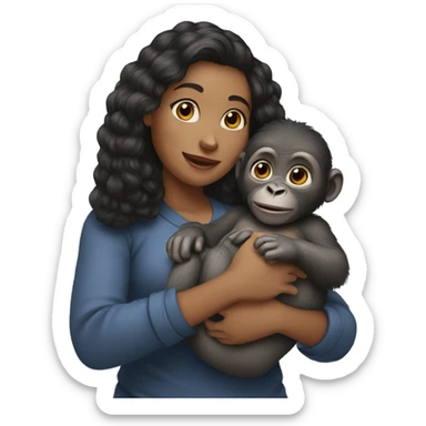 a woman holding a baby gorilla in her hands sticker
