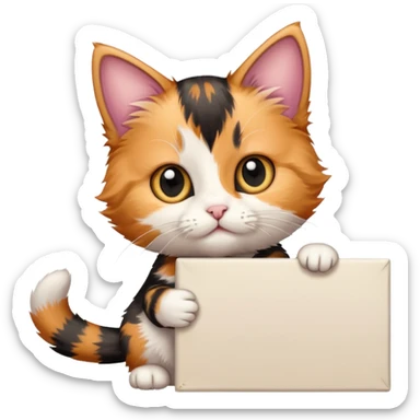 Calico kitten holding a large blank sign sticker