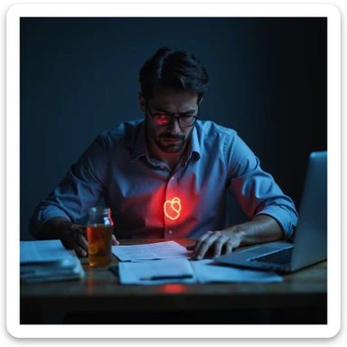 realistic tired overworked man at desk late night, paperwork, energy drinks, glowing computer, deep fatigue, dark circles, slouched posture, subtle red glows on heart, head, gut, moody burnout health risk sticker