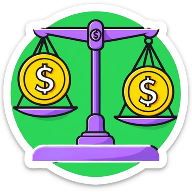 A balanced scale with money and dollar signs on one side and three colorful stars on the other side sticker