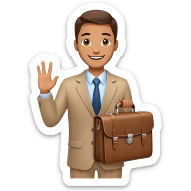 Friendly salesman with briefcase presenting product sticker