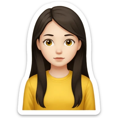 girl on a laptop, long dark hair white skin and yellow shirt long sleeves sticker