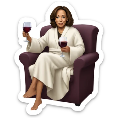 Kamala Harris wearing robe and slippers drinking wine sticker