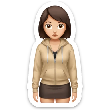 Pretty, sexy, slightly curvy white woman with short dark brown hair, wearing only a tight, open, front zippered hoodie and a miniskirt  sticker