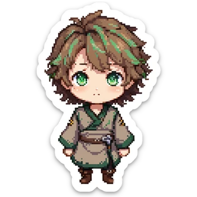 Young Rudeus Greyrat chibi, big green eyes, round face, messy light brown hair, wearing a tunic, cute and curious anime style sticker
