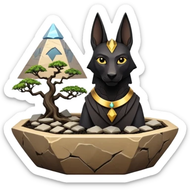 Kindly Protecting silky black-haired tiny statuette scale Anubis and pyramid scenery stone-age cracked irregular dodecagon bonsai pot  sticker