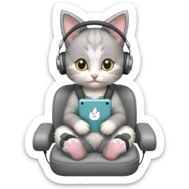 a small little grey kitten sitting on a seat and wearing headphones and there is a sims logo over her head sticker