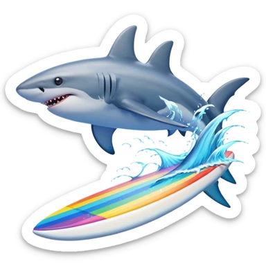 Shark surfing with dolphins and rainbows sticker