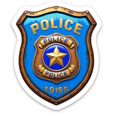 synthwave - aesthetic brilliant divine lighting, oil paint - vintage police badge rusty and broken sticker