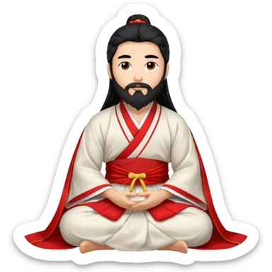 Beautiful man with lightly tan skin and dark long beard, long hair, in red and white Hanfu sitting on the ground sticker