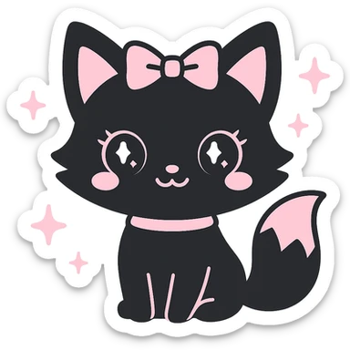 kawaii style magical gothic fox inspired by BLACKPINK, smiling face, black fur with pink accents, big eyes, surrounded by sparkles, fun and fashionable sticker