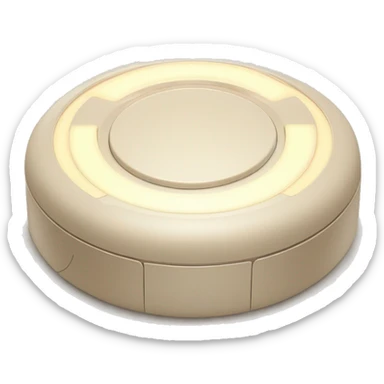 A futuristic and minimalist circular audio device inspired by the Donda Stem Player. The device features a smooth beige surface with glowing LED strips arranged in a cross pattern sticker