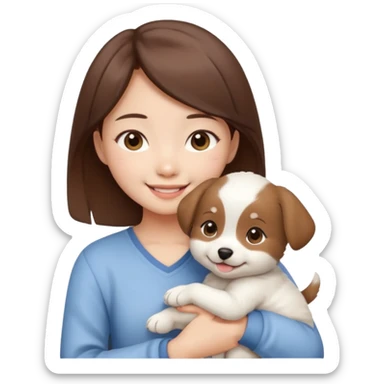 a asian japanese girl with brown hair and no bangs. she is holding a cute white puppy sticker