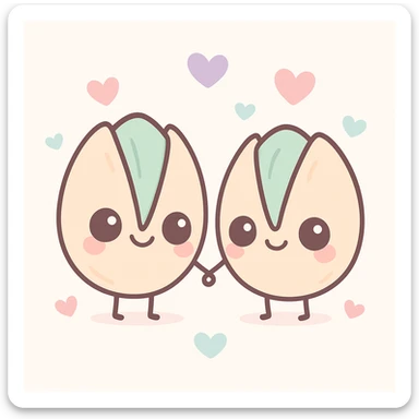 two animated pistachios holding hands, surrounded by hearts, kawaii style sticker