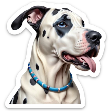 Cinematic Cute Yawning Harlequin Great Dane Portrait Emoji, Head tilted slightly with a dramatic, wide-open yawn, showcasing a smooth coat of predominantly white with bold black patches, floppy ears slightly drooping, round blue eyes barely open in drowsy contentment, Simplified yet irresistibly adorable features, highly detailed, glowing with a soft, cozy glow, high shine, relaxed yet expressive, stylized with a touch of whimsy, bright and endearing, soft glowing outline, capturing the essence of a sleepy yet affectionate guardian, so drowsy it feels like it could stretch out of the screen and curl up for a nap! sticker