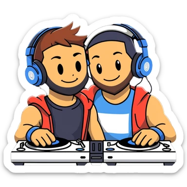 Hot handsomeb muscular 6ft tall smiling happy clean shaven ash ketchum being a  dj and his music rocks while kissing a bearded friend sticker