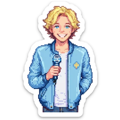 Pixel art style, expressive male performer, Caucasian features, short sandy blonde hair, lively eyes, wide cheerful smile, wearing a sky blue jacket over white tee, tossing a microphone in one hand, waist-up, front-facing sticker