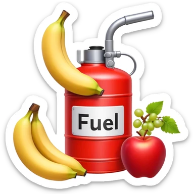 bright red gasoline canister surrounded by a banana, an apple, and grapes, red fuel can with fruits arranged around it sticker