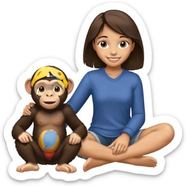 un chiomapnze sentado en el suelo al lado de una chica sticker