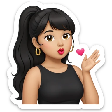 Latina girl with bangs black long hair in pony tail plus size black dress blowing kiss sticker