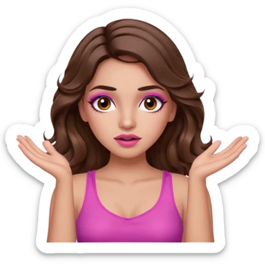 girl with long wavy brown hair, brown eyes, long lashes makeup, sexy pink lips, light to medium complexion, pink sexy top, two hands up, shrugging, confused sticker