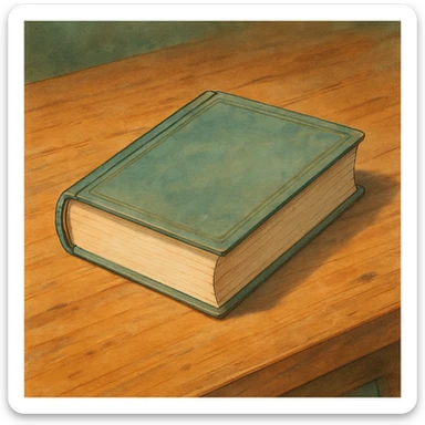 realistic ghibli style illustration of a book on a wooden table sticker