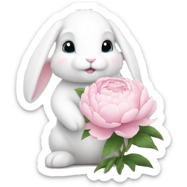 cute white bunny holding light pink peonies sticker